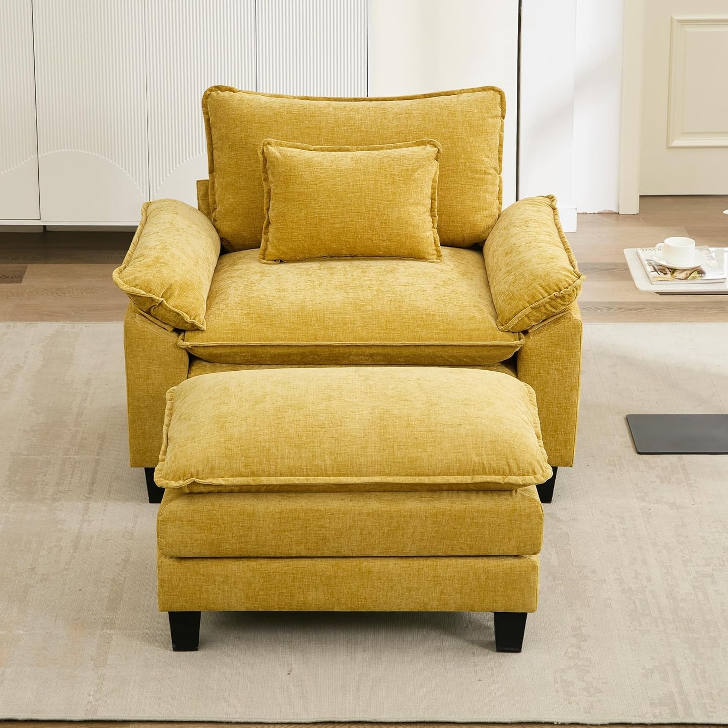 URRED Modular Sectional Sofa Comfy Cloud Couch, Modern Chenille Sofa Sleeper Deep Seat Couches with Ottoman/Pillows for Living Room (Yellow, 53''- Ottoman)