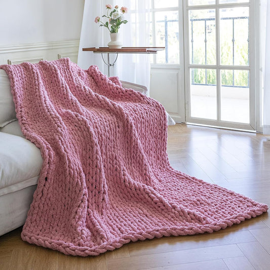 Chunky Knit Blanket - Luxury Soft Cozy 40 * 50 Throw Blanket,100% Woven Blanket Rope Knot Throw Blanket for Couch, Sofa, Home Decor, Gift - Machine Washable（Pink）