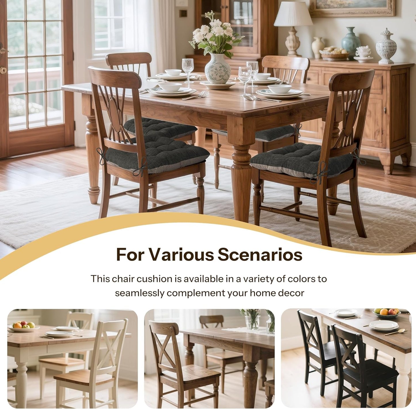 Non Slip Chair Cushions for Dining Chairs Set of 4 Kitchen Chair Cushions 18"x18"x3" Turfted Chair Pads Comfortable and Soft Seat Cushion with Ties, Dark Grey