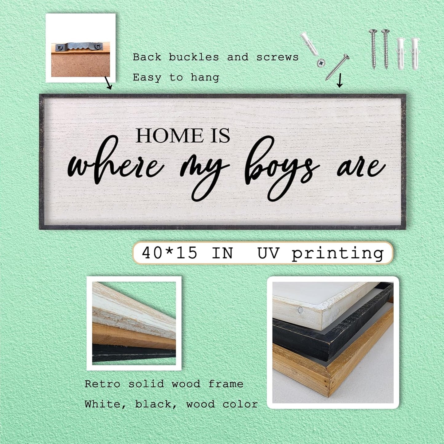 Home Is Where My Boys Are Wall Decor 40"×15" mom and her boys Sign for boys room Playroom Large Wood Framed Wall Hanging Art (Black)
