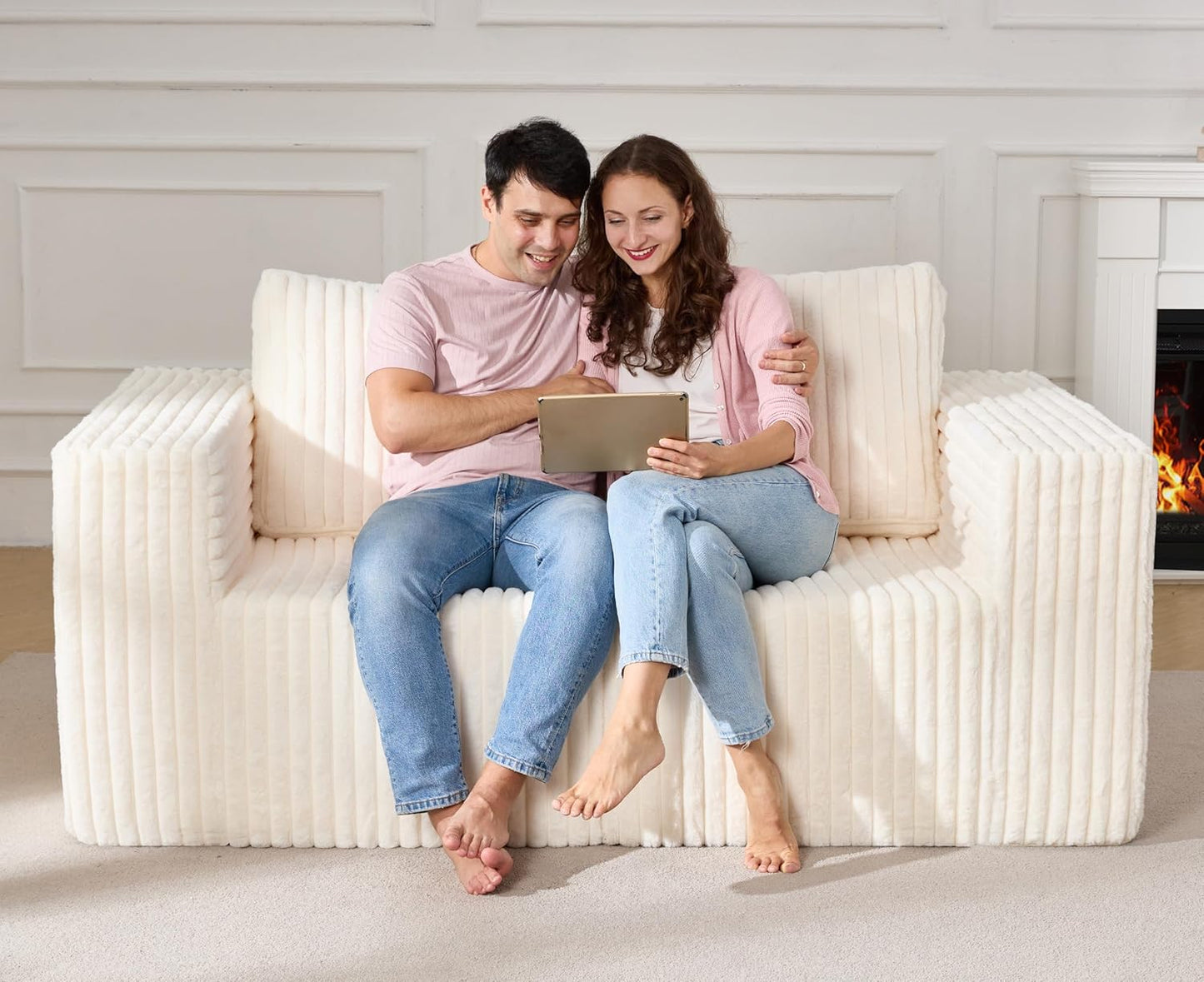 Modular Sectional Sofa 2 Seater Loveseat Modular Couch with Deep Seat Memory Foam Cloud Chair with Pillows Oversized Sectional Sofa for Living Room Bedroom (Strip White, Loveseat)