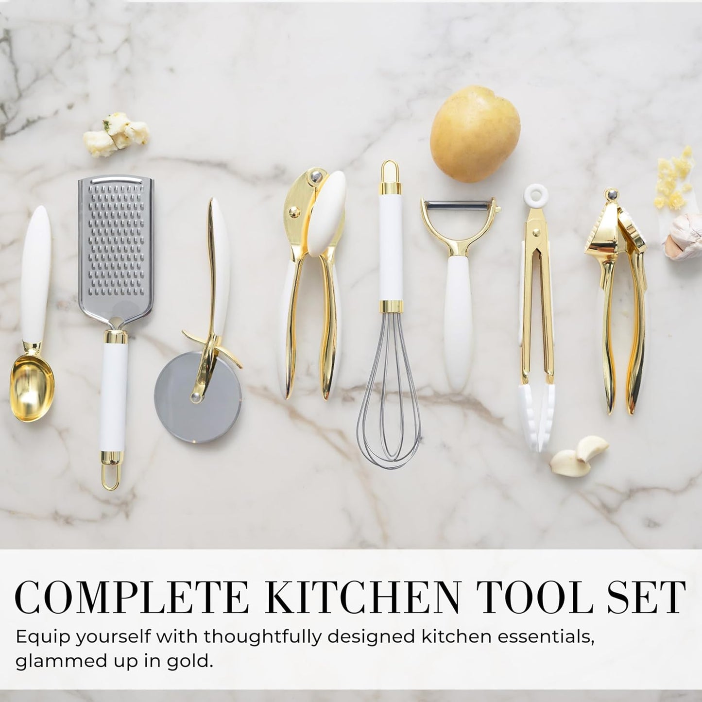 White & Gold Cooking Utensils Set - Luxe 8-Piece Kitchen Gadget Set Includes Can Opener, Tongs and Garlic Press - Stylish White and Gold Kitchen Accessories for Modern Kitchens, Ideal for Gifting