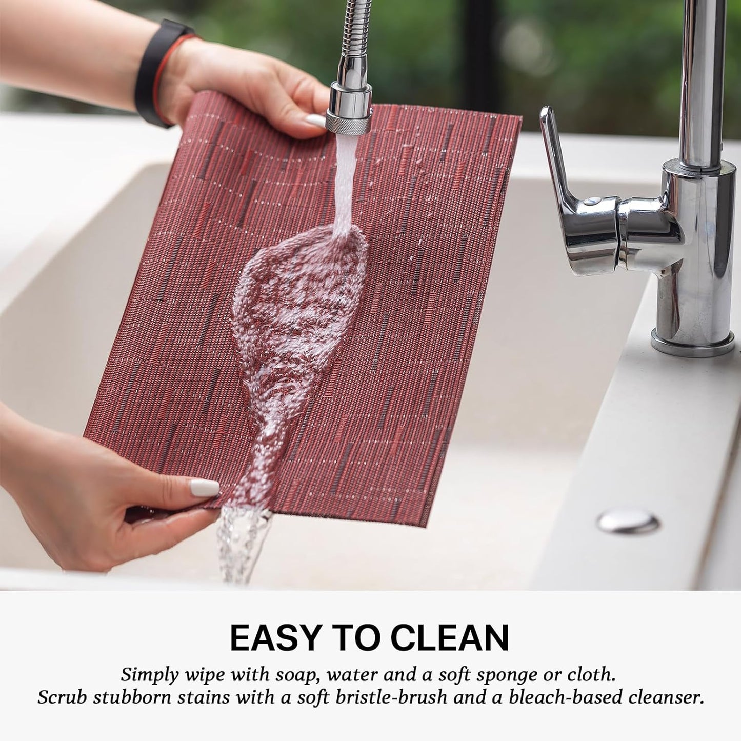 LEXMORE Placemats Set of 6 Vinyl/Plastic Woven Place Mats for Kitchen Table Indoor/Outdoor Washable Placemat Wipeable Dining Table Mats(Burgundy)