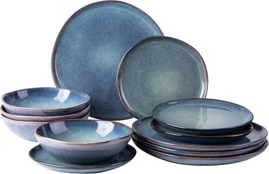 AmorArc Ceramic Dinnerware Sets,Handmade Reactive Glaze Stoneware Plates and Bowls Set,Highly Scratch Resistant | Dishwasher & Microwave Safe,Service for 4 Dishes Set - Reactive Blue(12pc)