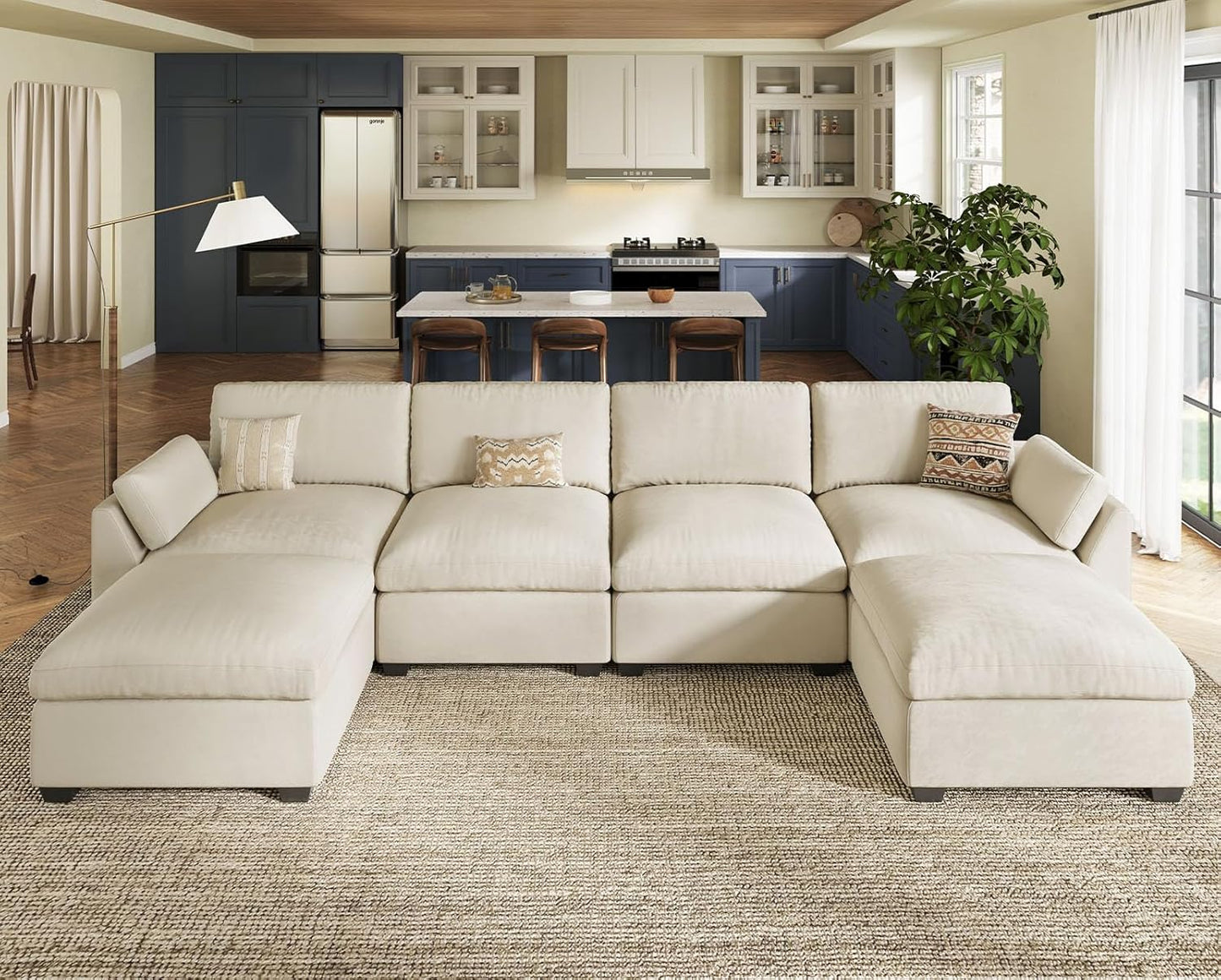 Belffin Sectional Couch with Extra Deep Seat,137.8" Cloud Modular Sectional Sofa,Convertible 6-Seater U Shaped Couches for Living Room,Oversized Comfy Velvet Beige Couch