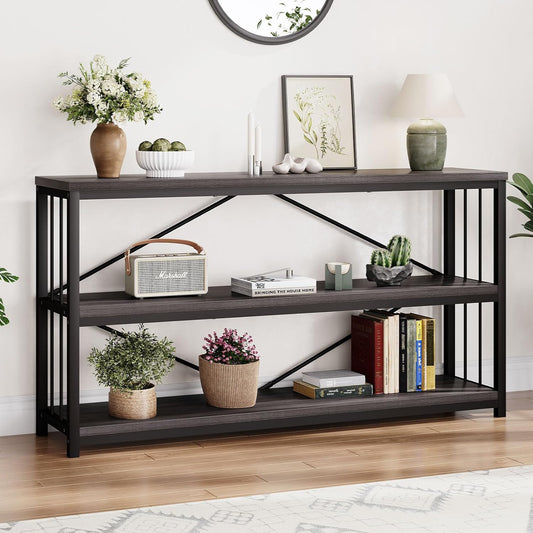LVB Industrial Console Table, Metal and Wood Sofa Table, Rustic Entryway Table with Storage, Modern 3 Tier Shelf Long Foyer Tables Behind Couch for Home Living Room Hallway, Dark Gray Oak, 55 Inch
