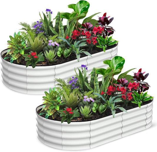 2 Pcs 6x3x1ft Oval Raised Garden Bed, Galvanized Raised Beds,Open-Ended Base Metal Raised Planter Beds,Garden Bed Outdoor,Planter Raised Boxes for Vegetables, Flowers,Tool-Free Asse,White