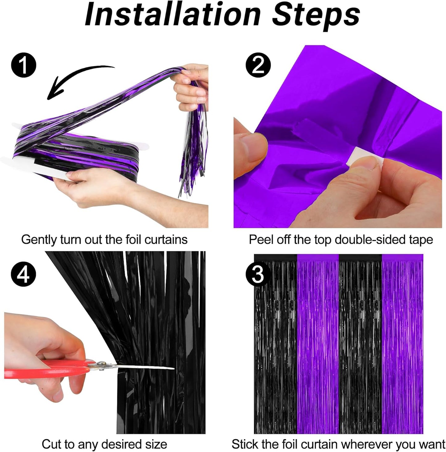 2 Pack Halloween Decor, 3.28 FT x 7.05 FT Purple and Black Foil Streamer, Metallic Fringe Curtains Tinsel Backdrop Party Streamer, Indoor Halloween Decorations Party Supplies Photo Booth Props