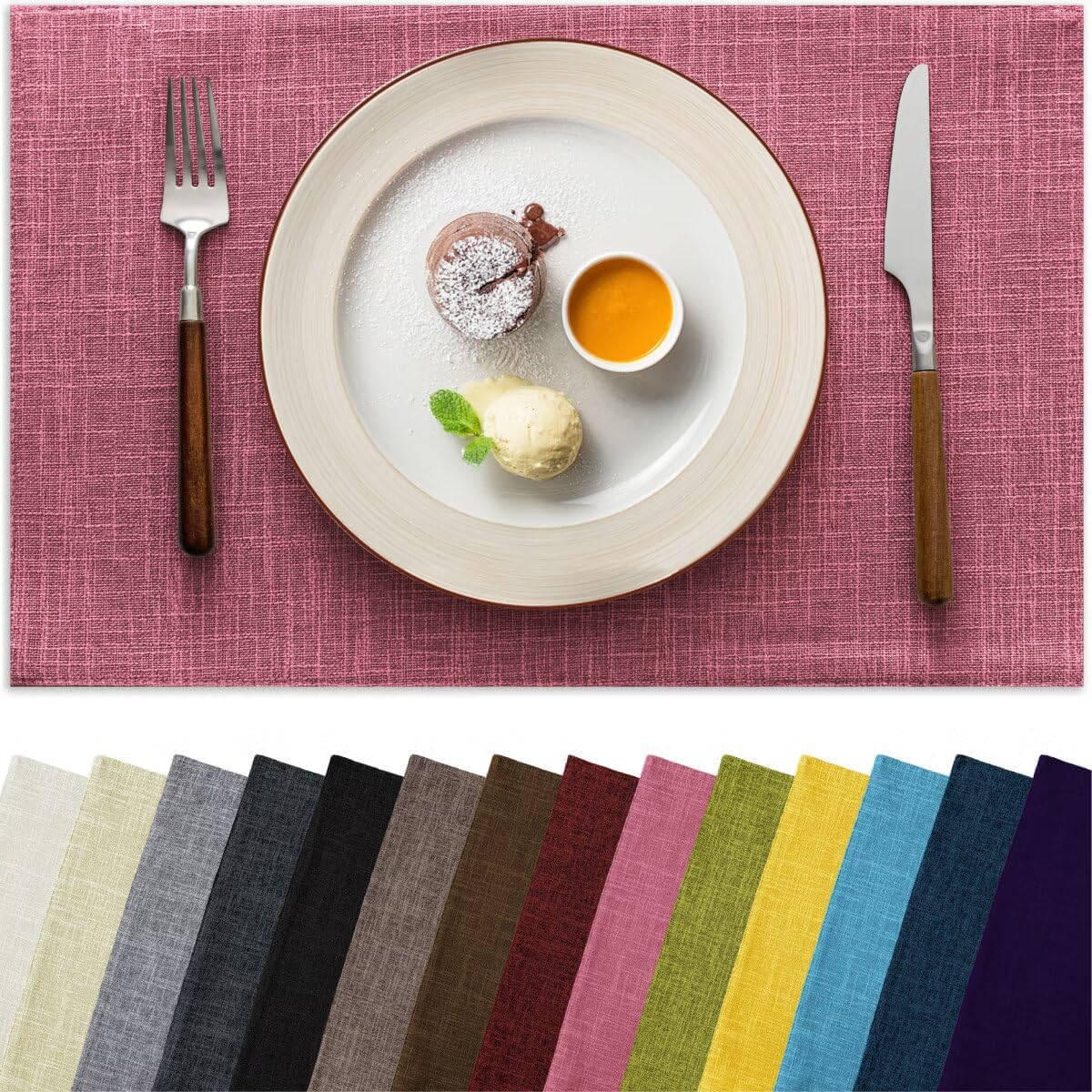 Placemats Set of 4, Bilayer Thickened Linen Place Mats Heat Resistant Machine Washable Wrinkle Free Carefully Selected Polyester Mats for Kitchen/Dining/Coffee Table (Pink)