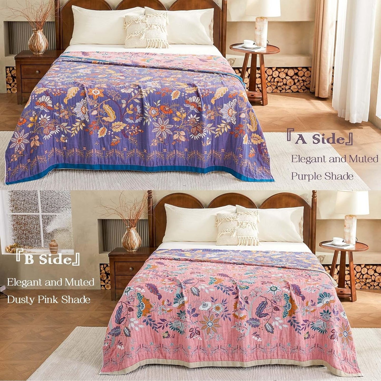 Boho Blanket, 100% Cotton Farmhouse Decorative Throw Blanket, 80"x90" Reversible Bohemian Throw Blanket, Purple All Season Muslin Breathable Woven Blankets Quilt