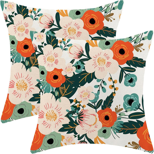 CXMEIFLY Spring Pillow Covers 20 x 20 Inch Set of 2 for Watercolor Flowers Decor Throw Pillows Pink Red Green Plant Floral Outdoor Decorative Cushion Cases for Couch Bed Decorations