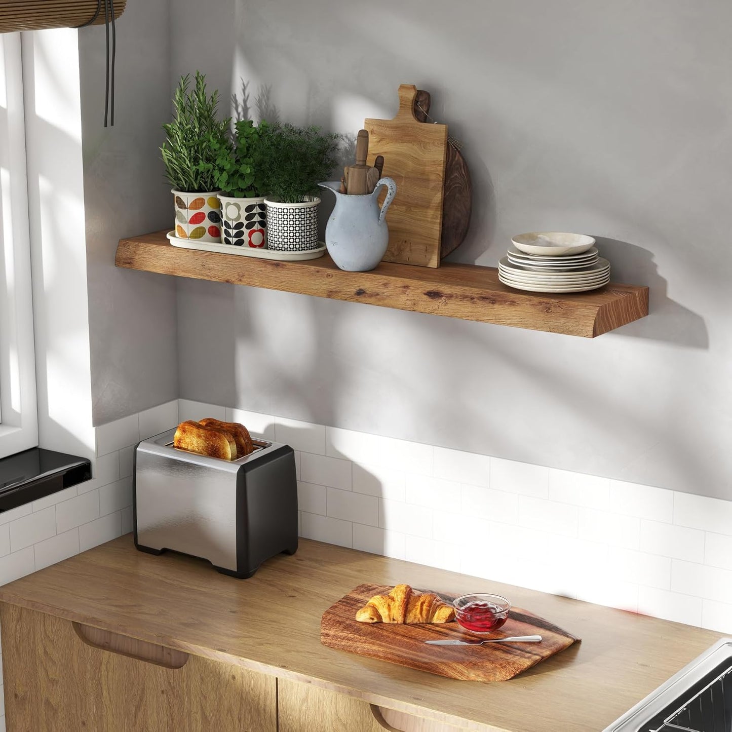 Fun Memories 40" Floating Shelves for Wall, Live Edge Solid Elm Wood Floating Shelf with Invisible Bracket, Wall Mounted Display Wooden Shelves for Bathroom, Kitchen, Bedroom, Natural Color, Set of 1