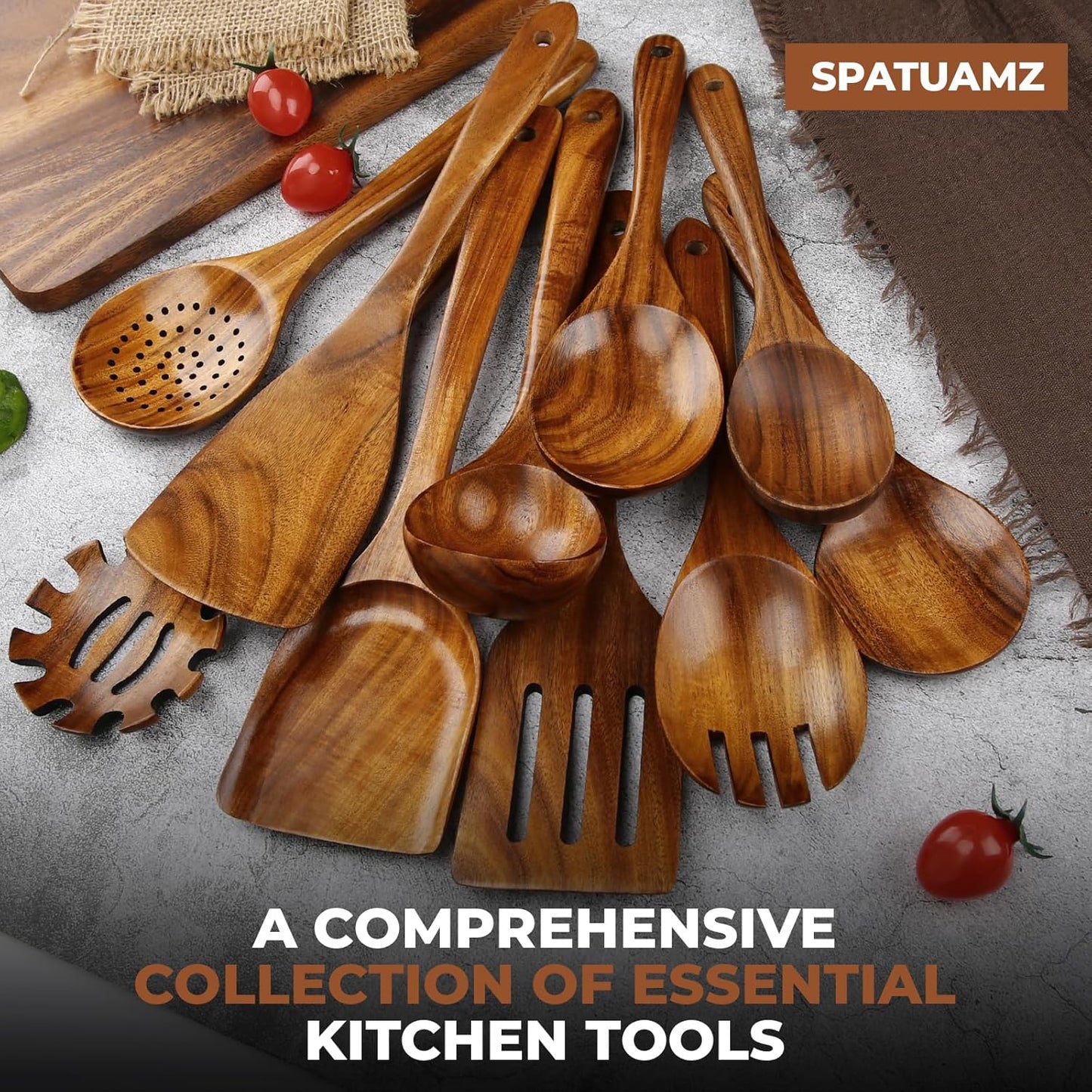 SPATUAMZ Teak Wood Spoons for Cooking, Elegant Wooden Cooking Set of 10, Excellent Kitchen Cooking Utensils Set for Home