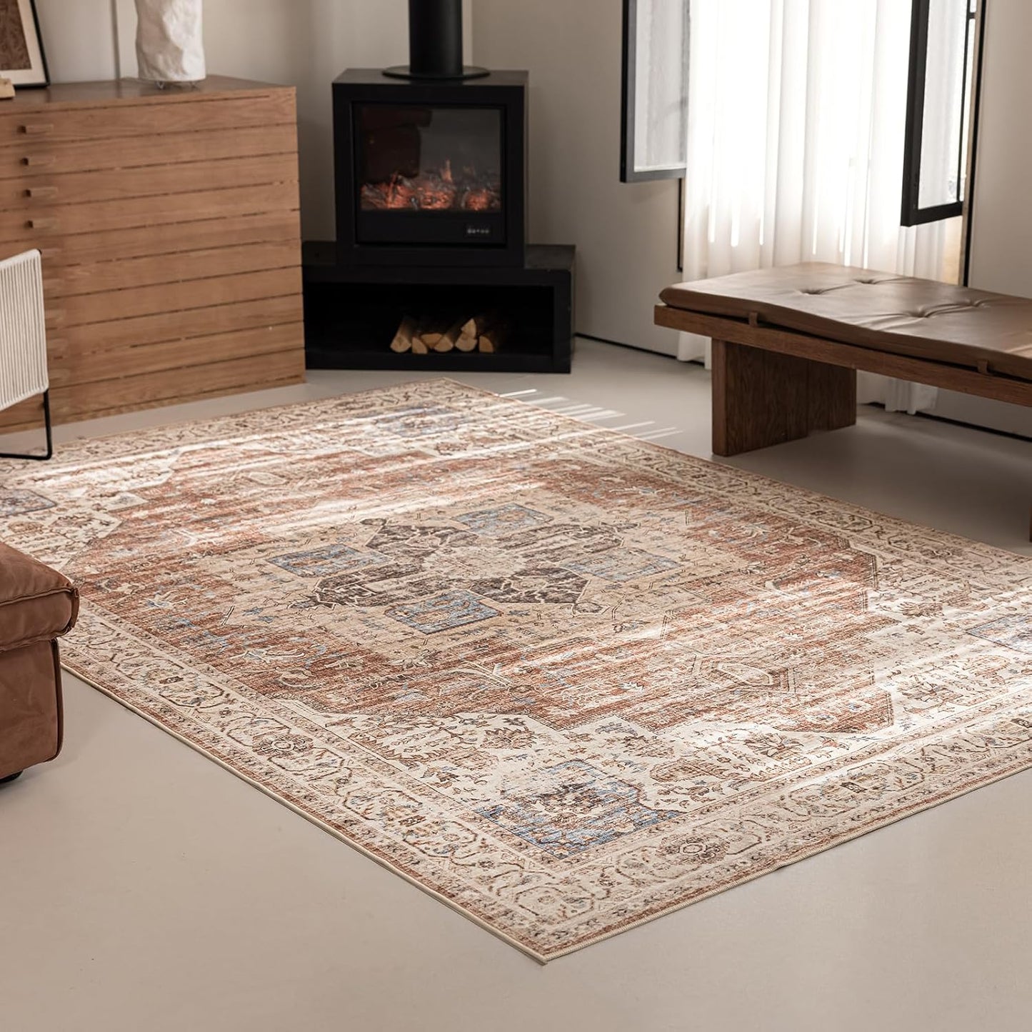 6'x9' Area Rug - Vintage Persian Medallion Design Low-Pile Faux Wool Rug, Non-Slip Backing, Machine Washable, for Living Room, Dining Room, Bedroom (Brick Red)