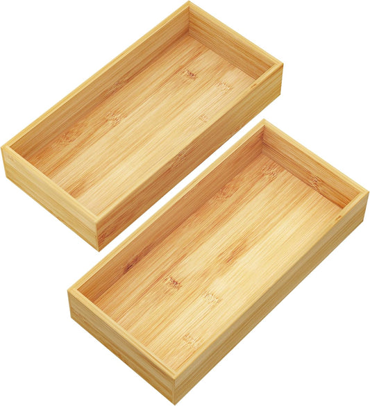 BAMEOS Deep Utensil Drawer Organizer, Bamboo Silverware Organizer for Kitchen Drawer Storage Flatware Junk Cutlery Jewelry 14"x 6.8" Set of 2 (Natural)