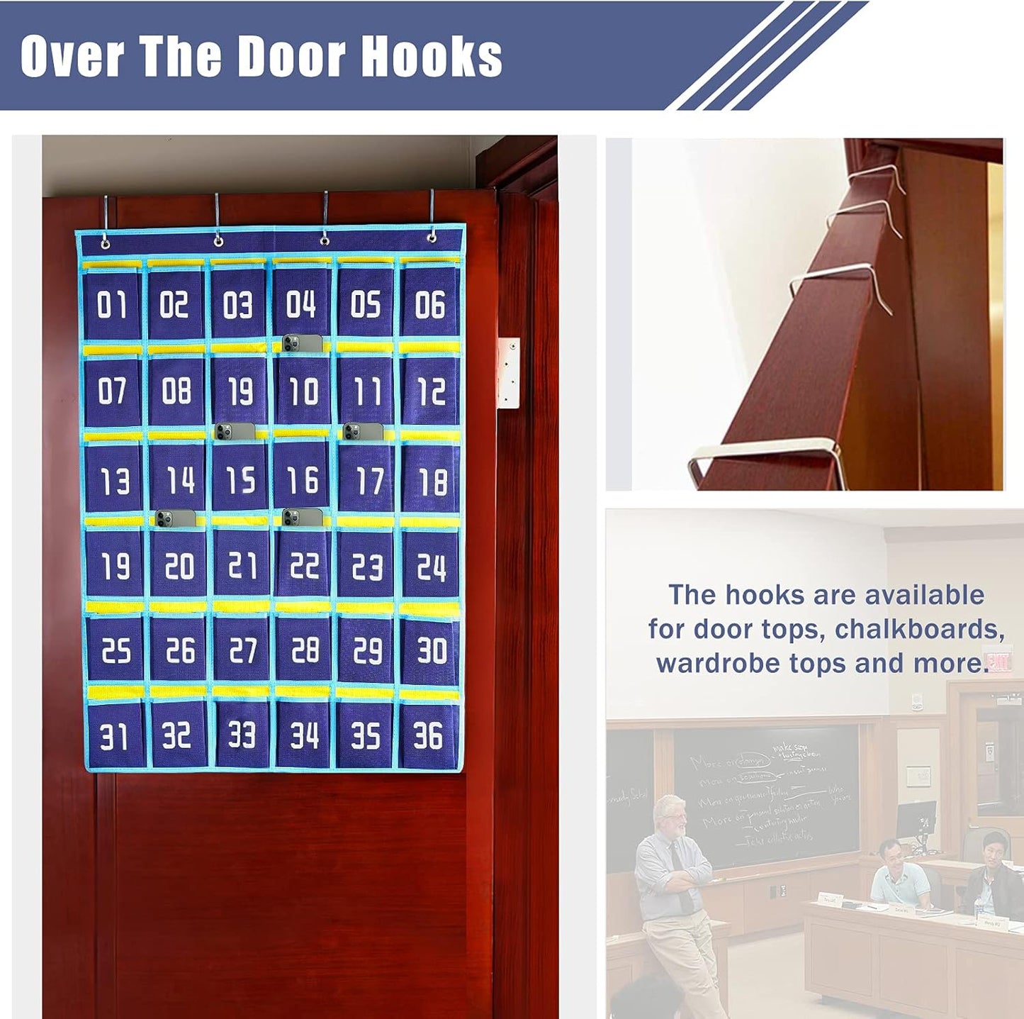 Loghot Classroom Accessories Closet Pocket Chart for Cell Phones Holder Wall Door Hanging Organizer (36 Pockets Blue)