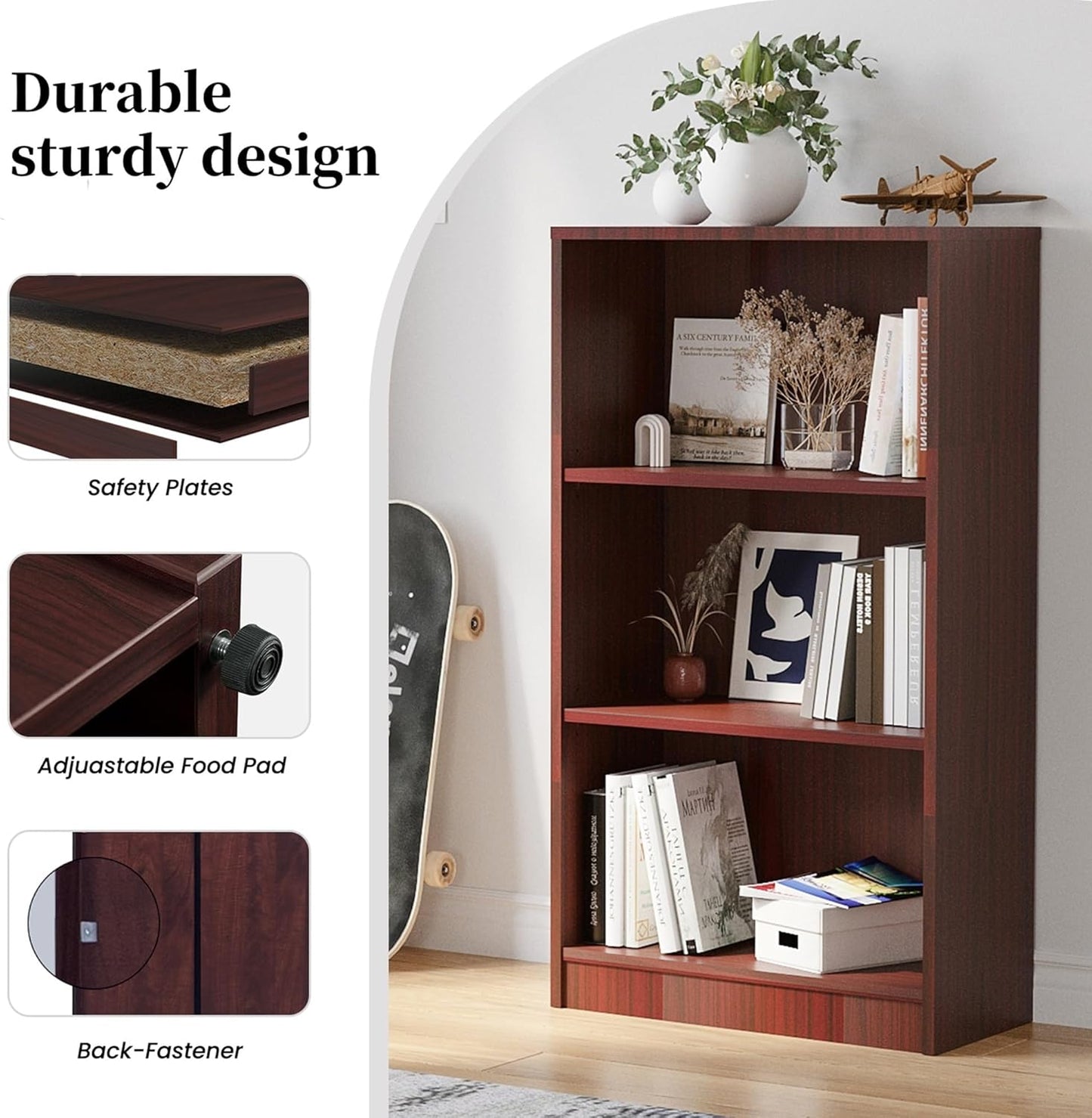 Bookshelf, Open Modern Bookshelf, 3 Shelf Bookcase with Freestanding Display Storage, Wooden Book Shelf for Bedroom, Living Room, Dinning Room, Office,Deep Brown