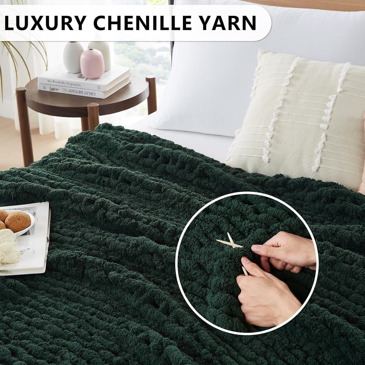 L'AGRATY Chunky Knit Blanket Throw: 72''x84'' Chenille Chunky Knitted Throw Blanket for Bed Couch - Handmade Thick Big Cable Knit Blanket - Large Chunky Crochet Rope Blanket for Home Decor(Green)