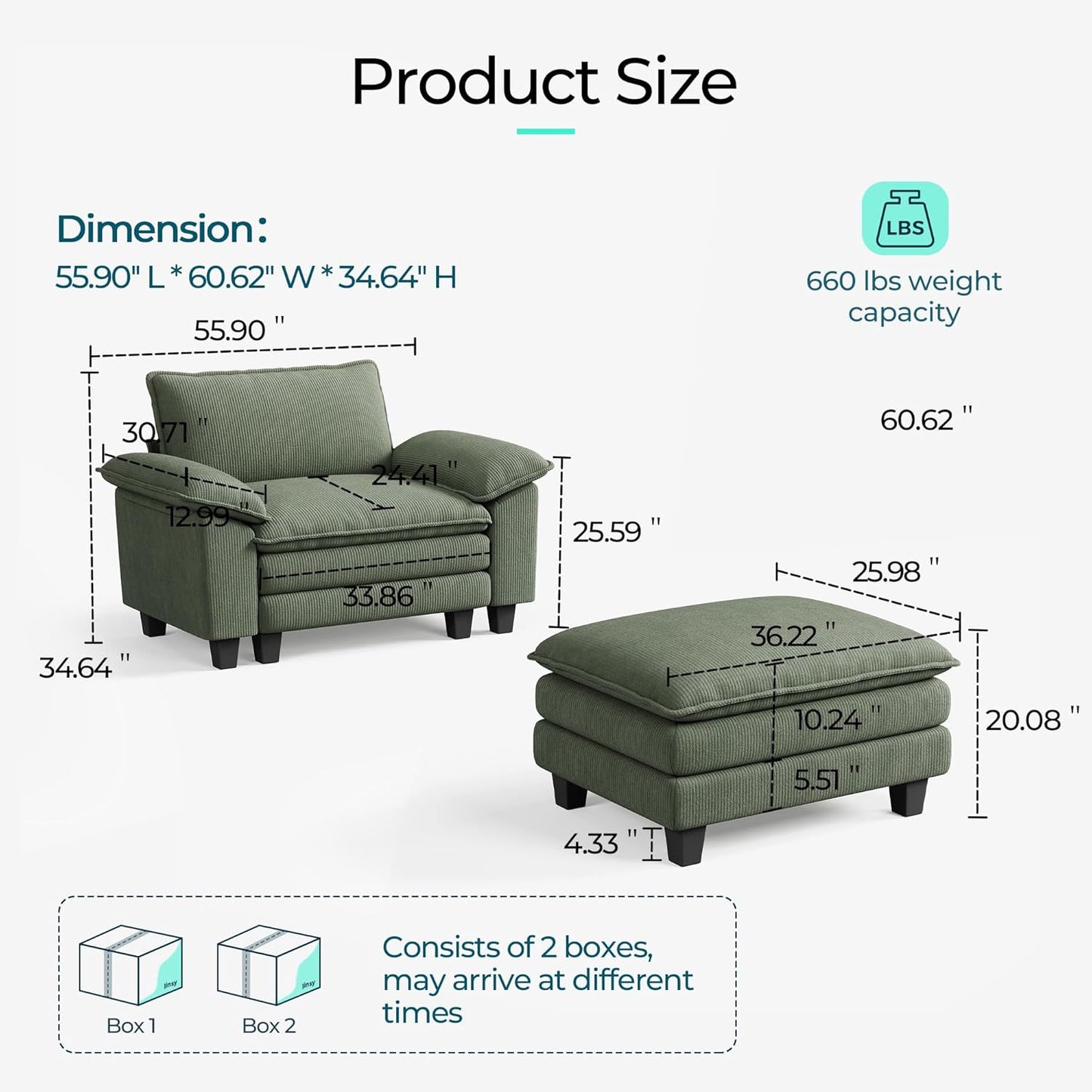 LINSY HOME Sofa Chair with Movable Ottoman - Corduroy Cloud Couch Chair Soft Comfy Modern Sofa Chaise Single Sleeper Chair Bed for Living Room Apartment Office, Green