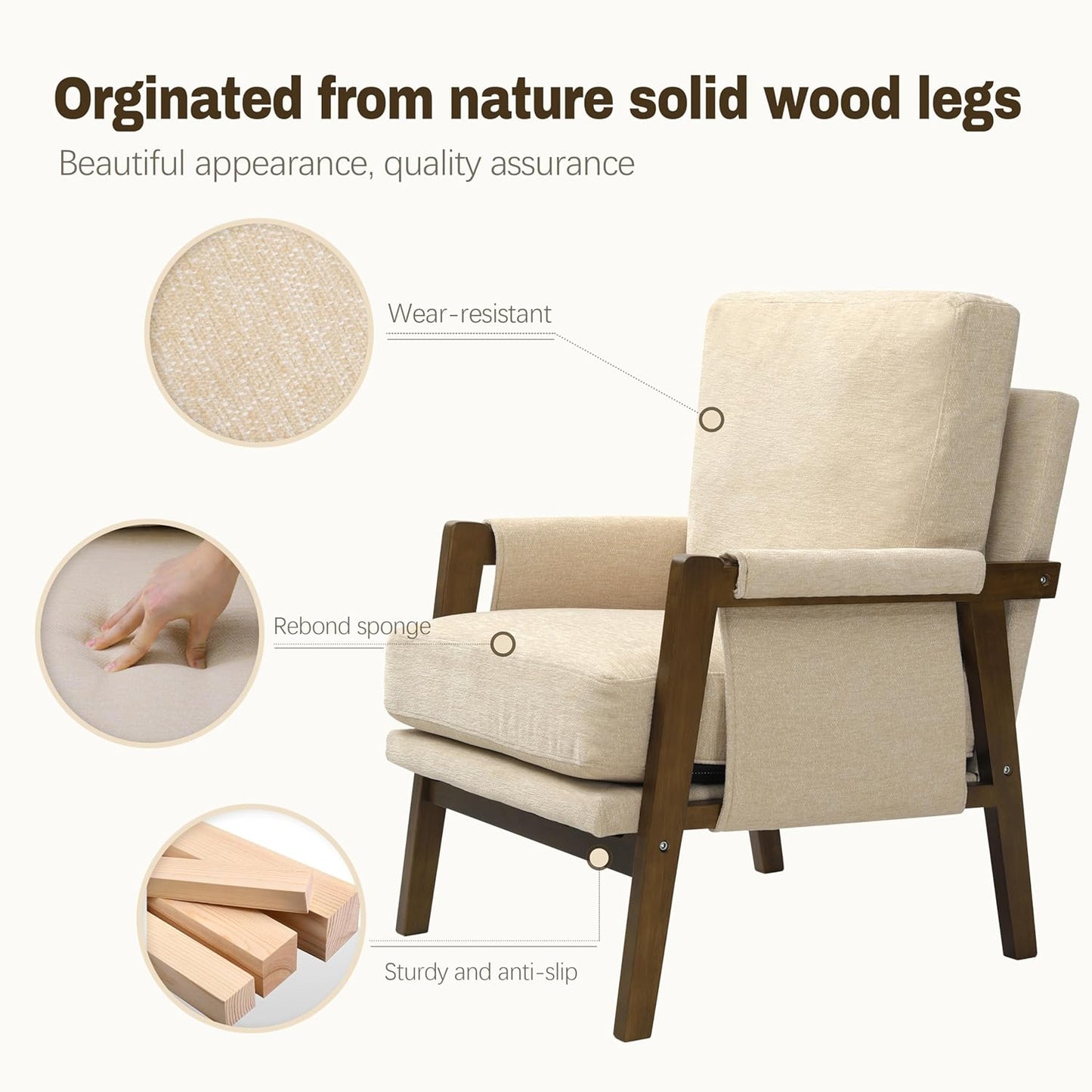 Modern Accent Chairs Set of 2 for Living Room Mid Century Arm Chairs Upholstered Bedroom Chairs Comfy Lounge Chairs with Solid Wood Frame, Beige