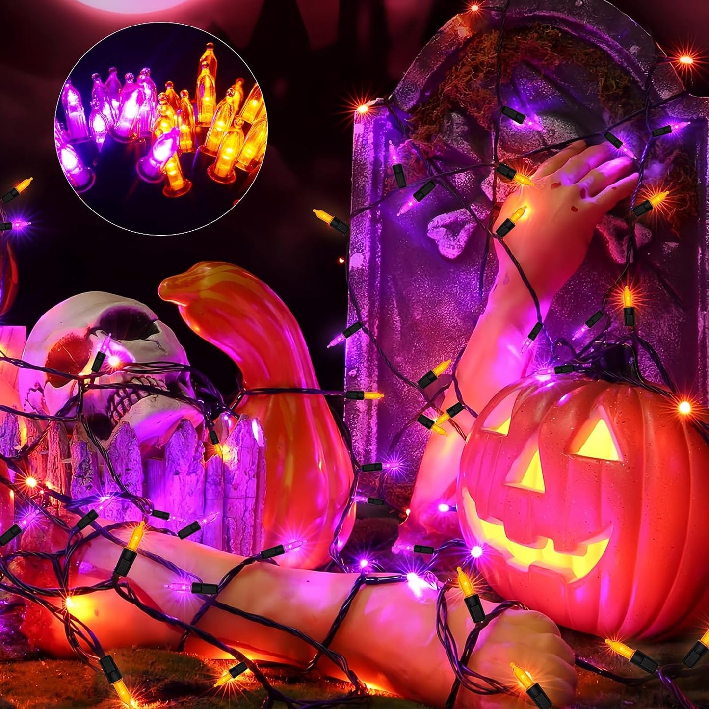 Halloween Lights, 2 Pack 100 LED Orange & Purple Battery Operated Mini String Light, 32 Ft Total Waterproof Halloween Lights 8 Modes for Indoor Outdoor Patio Garden Holiday Party Decorations