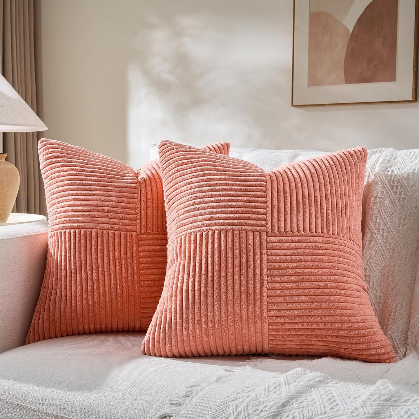 Fancy Homi 2 Packs Coral Samll Decorative Throw Pillow Covers 14x14 Inch with for Couch Bed Sofa, Rustic Farmhouse Boho Home Decor, Soft Corss Patchwork Corduroy Square Peach Cushion Case 35x35 cm