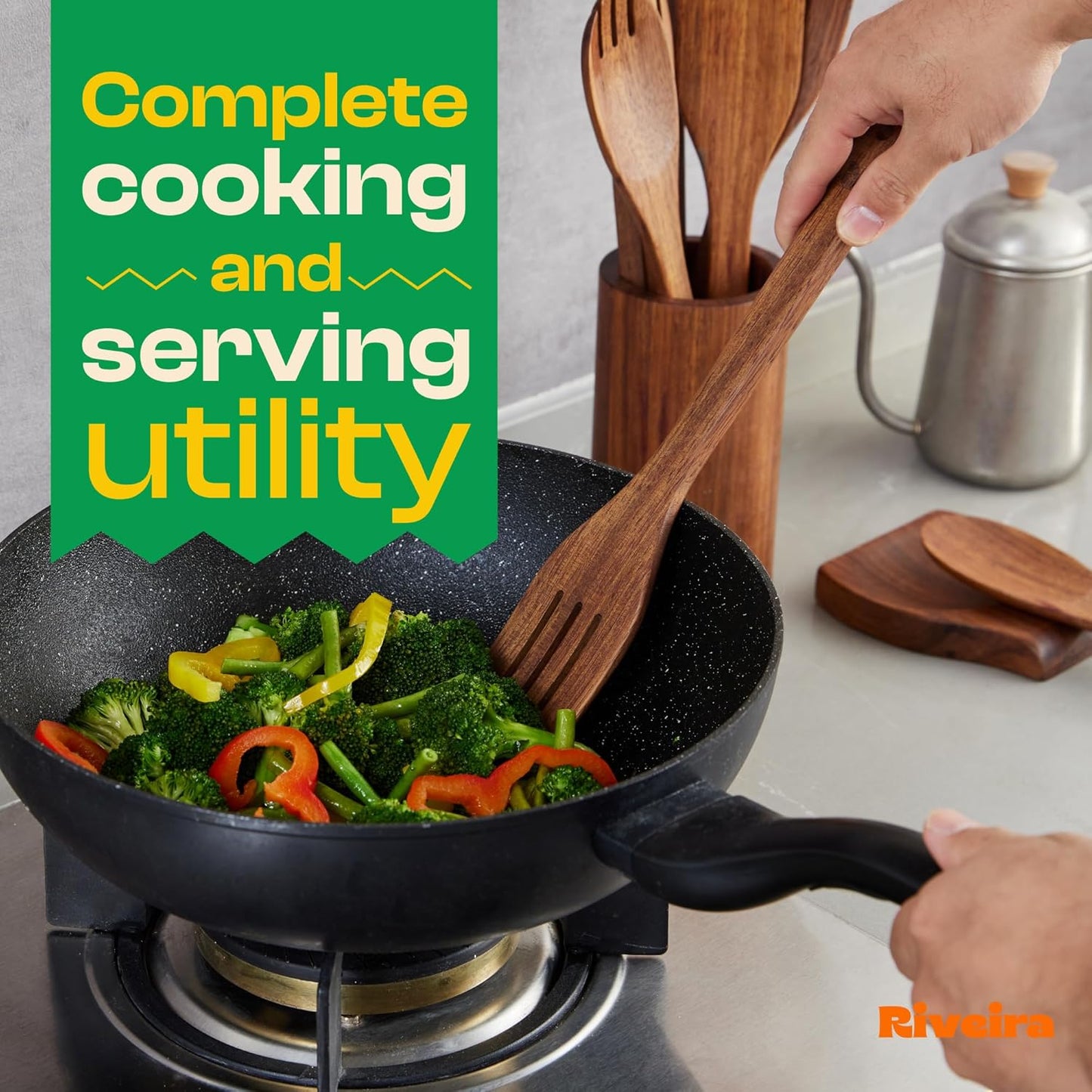 Riveira Teak Wooden Spoons for Cooking Set of 6 – Natural Teak Wooden Cooking Utensils, Wooden Spatula, Wooden Spoon - Premium Quality Wooden Utensil Set for Non-Toxic Cooking