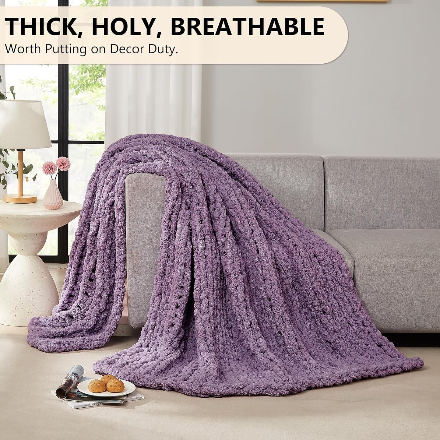 L'AGRATY Chunky Knit Blanket Throw: 60''x80'' Chenille Chunky Knitted Throw Blanket for Bed Couch - Handmade Thick Big Cable Knit Blanket - Large Crochet Rope Blanket for Home Decor(Deep Purple)