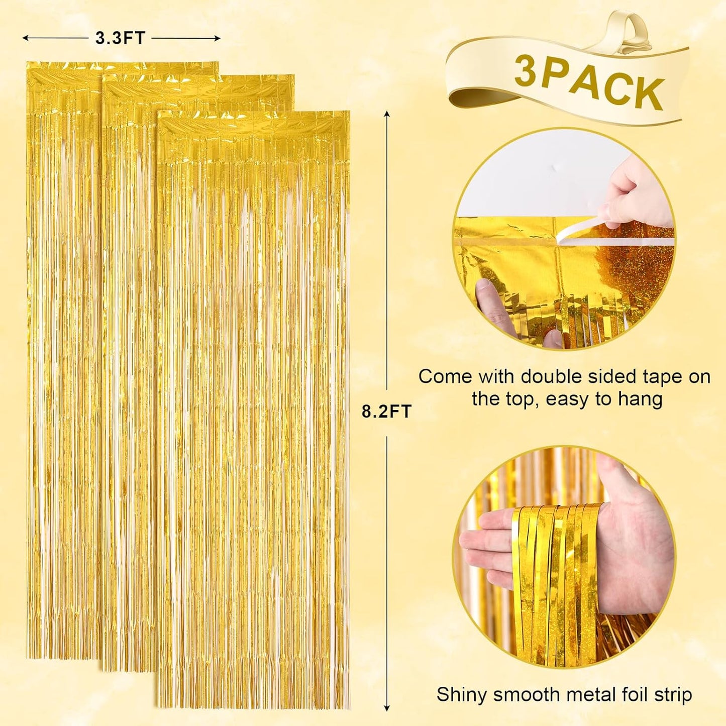3 Pack 3.3 x 8.2 ft Laser Gold Foil Fringe Backdrop Curtains, Tinsel Streamers Birthday Party Decorations, Fringe Backdrop for Graduation, Baby Shower, Gender Reveal, Disco Party