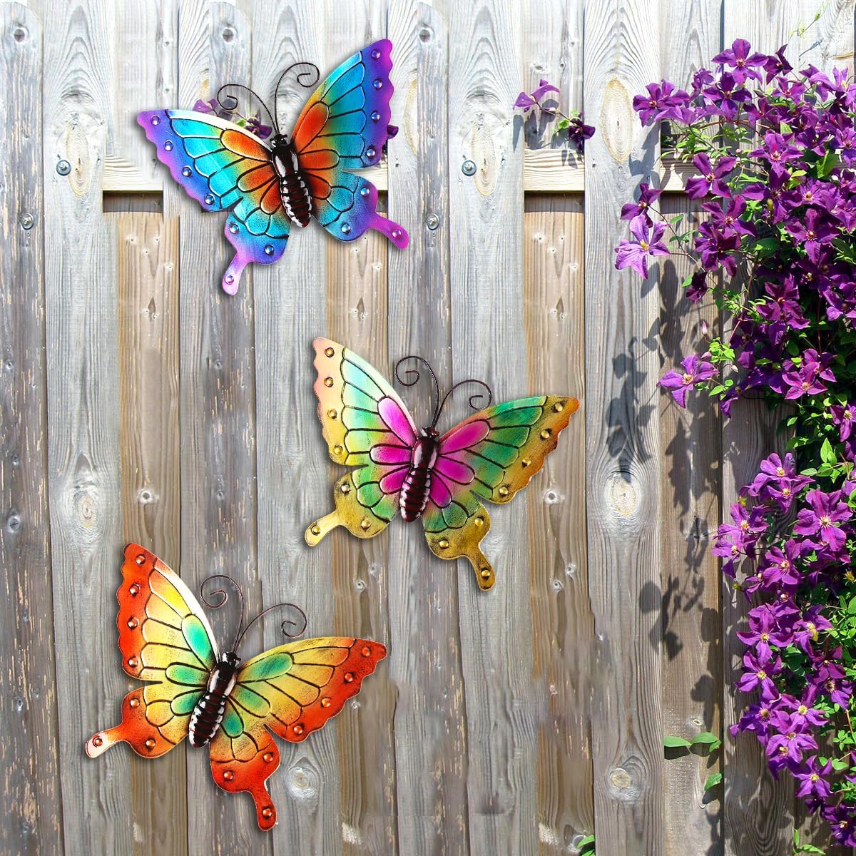 MACLARONX 3Pcs Metal Butterfly Wall Decor,11" Large Outdoor Fence Yard Art Butterflies 3D Garden Hanging Decorations Home Balcony Patio Room Indoor