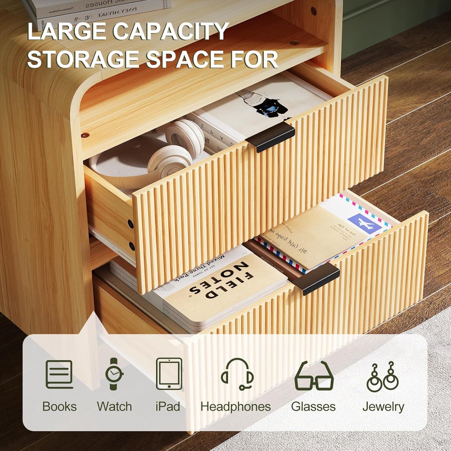 FURSUN 24" Fluted Nightstand with Charging Station, Wooden End Table with 2 Drawers Storage, Curved Profile Design, Modern Bedside Cabinet for Bedroom Living Room, Natural Oak