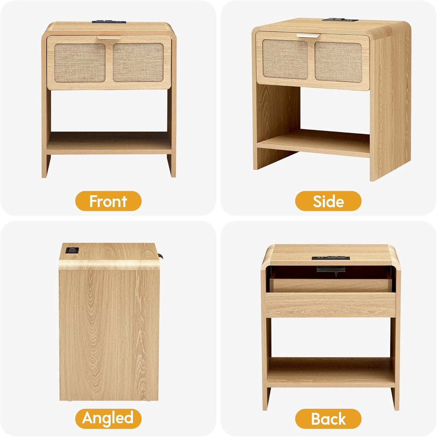 LEVNARY Nightstand with Charging Station, Mid-Century Modern Bedside Table with Curved Top Corners and Fabric-Like Textured Drawer, Wooden End Table for Farmhouse Bedroom Living Room (1, Natural)