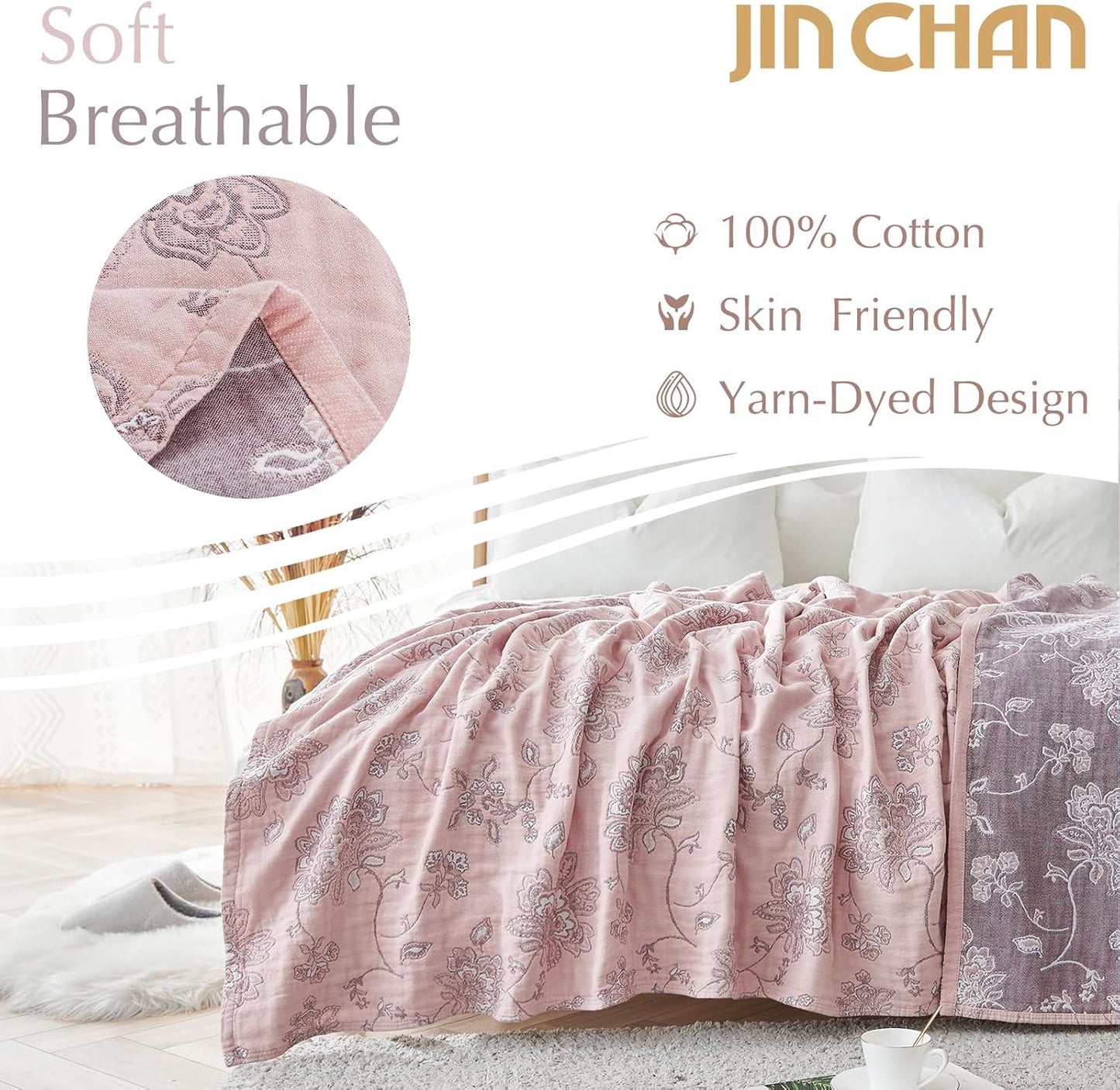 jinchan Boho 100% Cotton Muslin Queen Size 80x90 Inches Blanket Lightweight 4-Layer Quilted Soft Pink Multi Floral Throw Blanket Reversible Comfy Flower Rustic All Seasons Couch Bedroom Decor