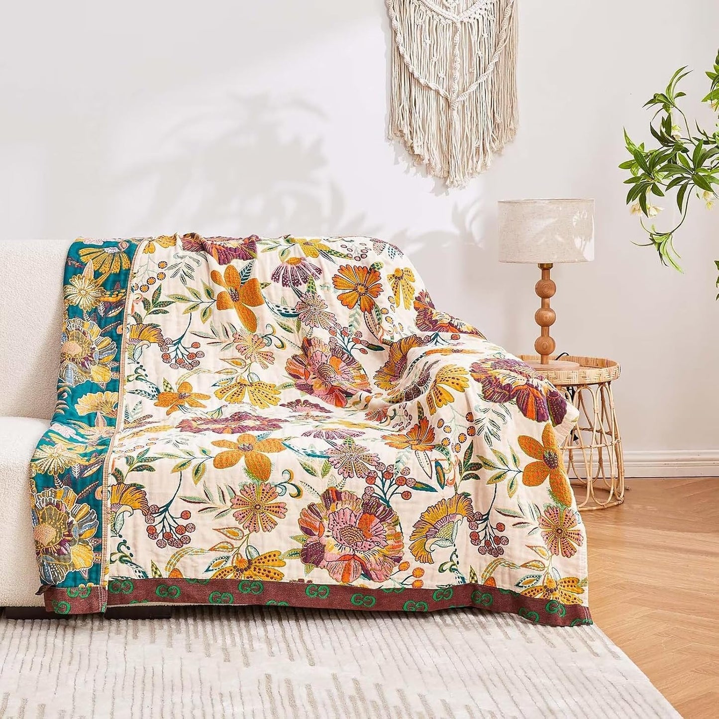 Boho Throw Blanket, 100% Cotton Ultra Soft Luxury Throw Rustic Quilt, 80"x90" Floral Printed Farmhouse Decor Bed Summer Blankets, All Season Rustic Reversible Bohemian Throw for Bed - White