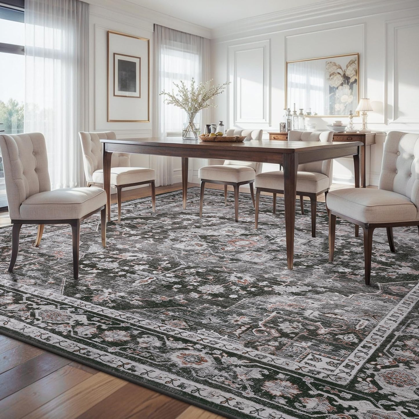 AMOAMI-Area Rug 5X7 Rugs for Living Room-Vintage Soft Black Rugs for Bedroom-Non Slip Carpet-Machine Washable Rug for Dining Room Living Room Bedroom Office Under Table Dark Grey & Black