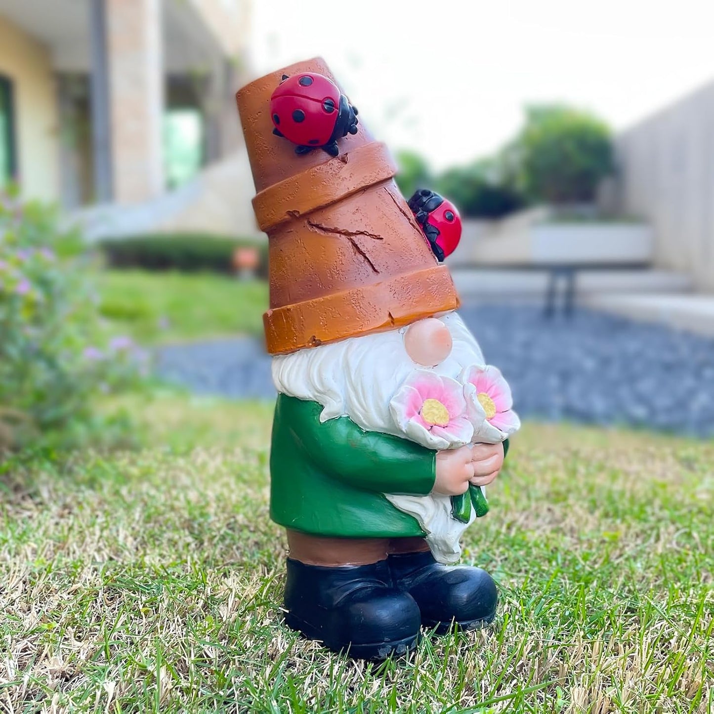 COWOS Garden Gnome Statues Outdoor Decor, Solar Gnomes with LED Lighted Flowers, Solar Resin Outdoor Statue Sculpture, for Woman Gift Home and Garden Decor