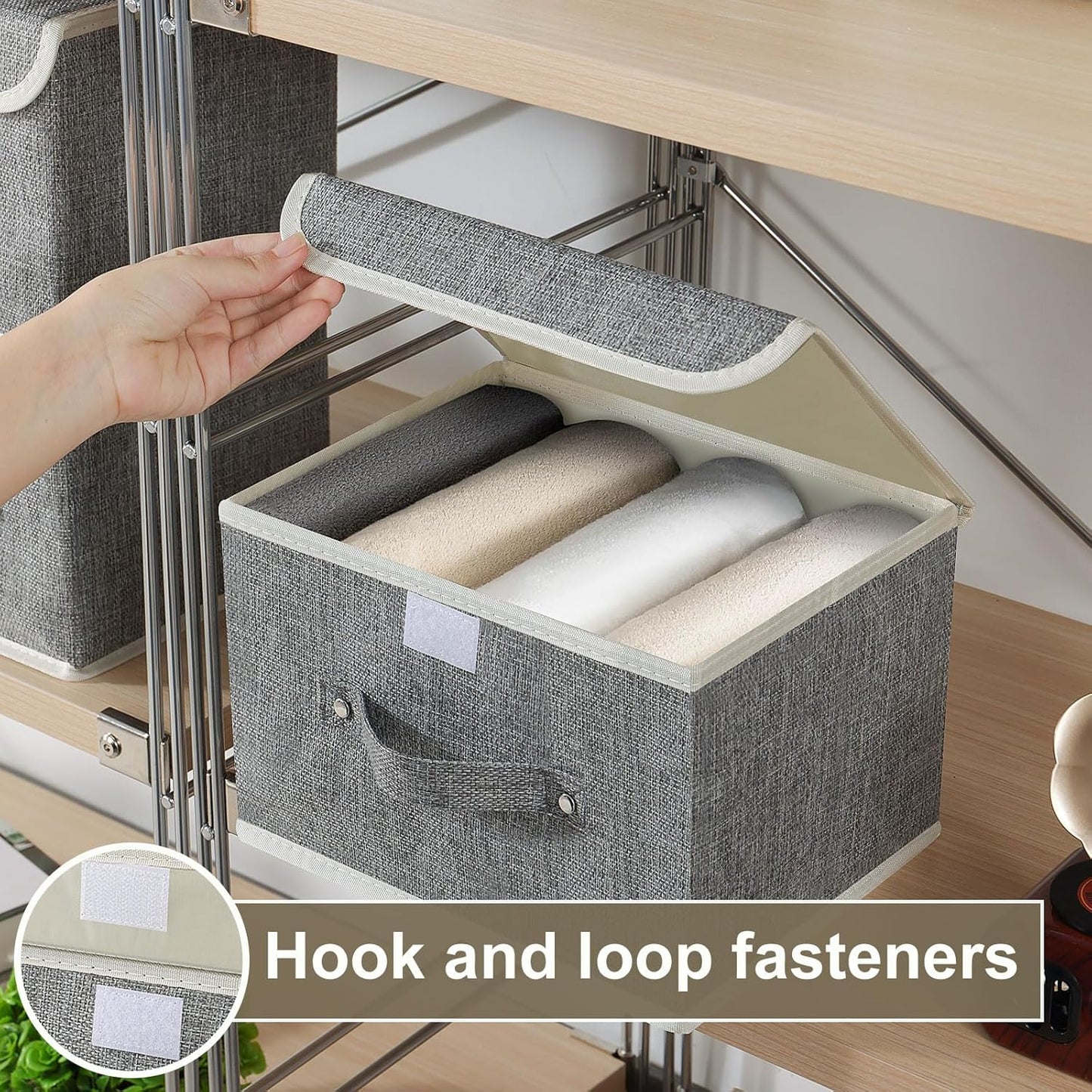 Storage Boxes, Collapsible Storage Bins with Lids, Cotton and linen cloth Storage Baskets with Handle, for Books, Closet, Bedroom, Home, Grey, 3 Pack 10.2 X 7.9 X 6.7in