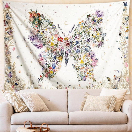 Damanse Butterfly Tapestry Wall Hanging Cute,Boho Wall Tapestry for Bedroom Aesthetic,Flower Living Room Decor for Teen Girls (White, 59.80" x 78.70")