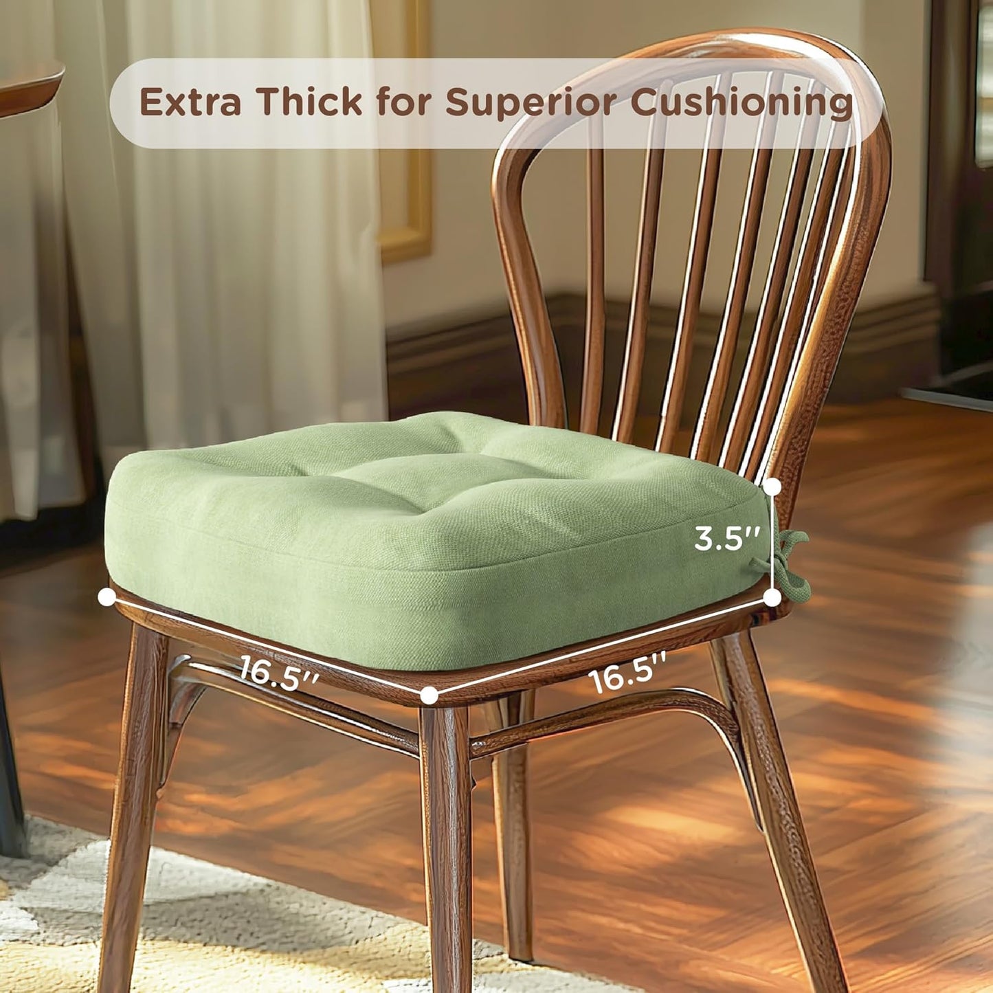 Codi Dining Chair Cushions 2 Pack, Thick Chairs Pads for Indoor Kitchen Room - Washable, Non-Slip Memory Foam Seat Cushion with Ties, 16.5"x16.5"x 3.5", Set of 2, Sage