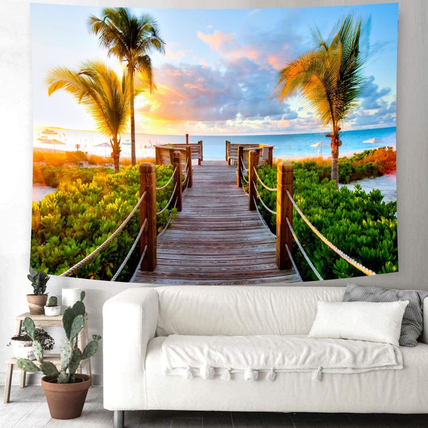 Delur Beach Sunset Tapestry Tropical Seaside Palm Tree Coastal Tapestry Wall Hanging Sunrise Nature Landscape Scenic Psychedelic Headboard for Bedroom Living Room Home Decor (59.1" x 78.7")