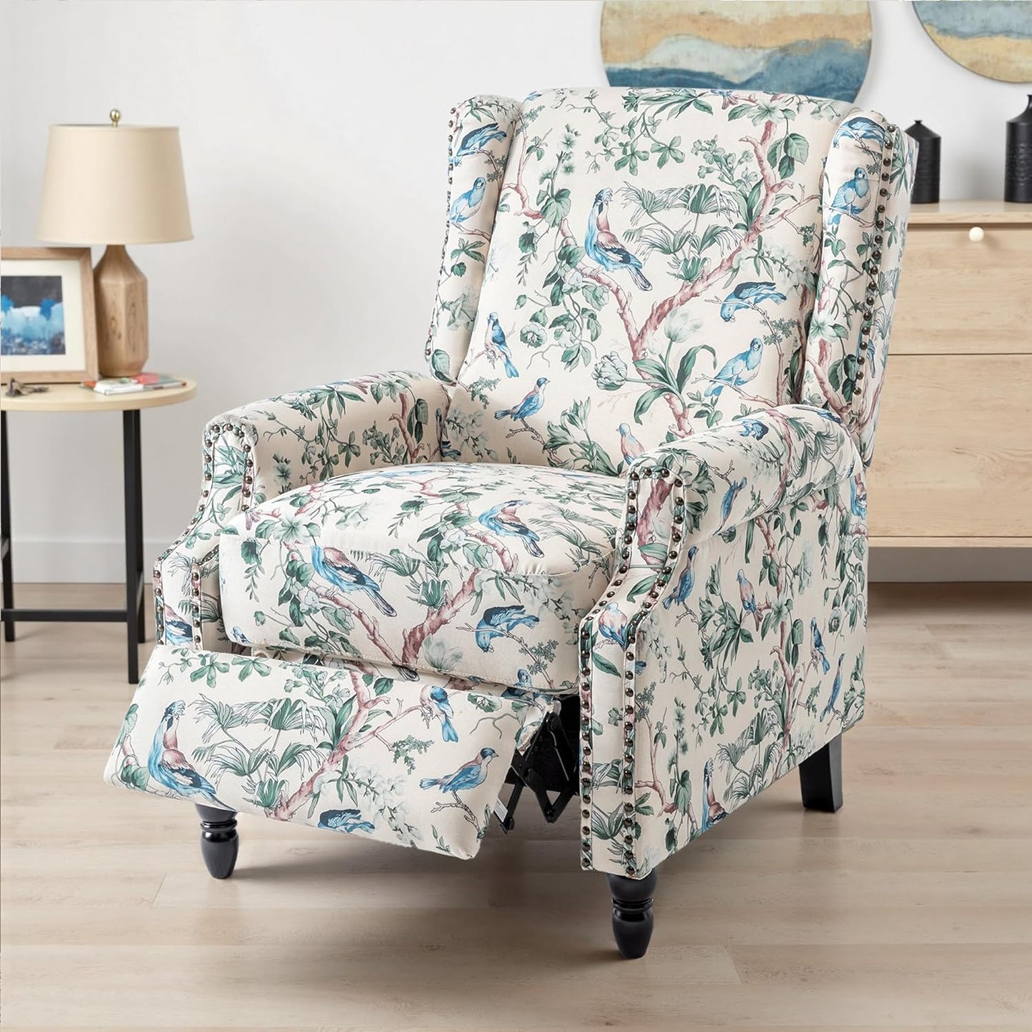 UIXE Floral Pushback Recliner Chair, Fabric Upholstered Armchair Push Back Accent Chair for Living Room, Rivet Trim Club Chair Home Theater Single Sofa Reading Seat - Bird