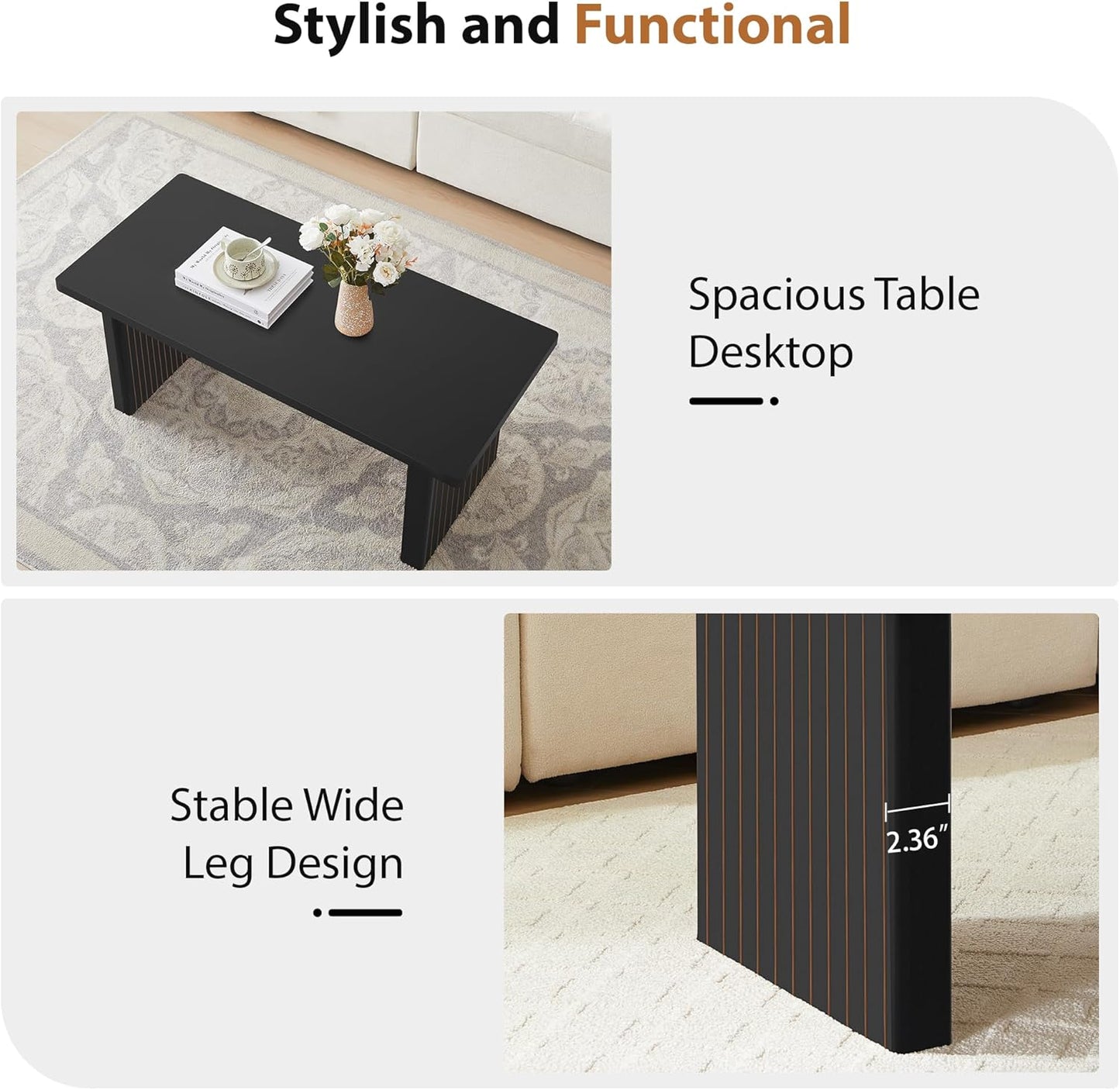 Rectangular Fluted Coffee Table, Farmhouse Wood Coffee Table Mid Century Modern Center Table Boho Living Room Tables for Living Room Office (Black, 19.69" D x 43.3" W x 17.72" H)