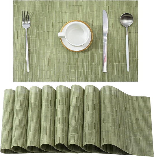 Leetaltree Pea Green Placemats Set of 8 - Heat Resistant Non-Slip Place mats for Dining Table, Washable Durable PVC Vinyl Woven Table Mats（Pea Green, 8）