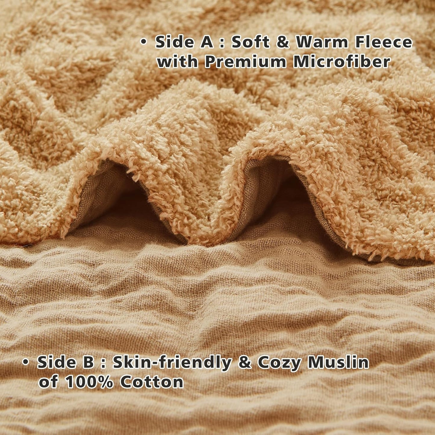 EMME Muslin and Fleece Queen Blanket Reversible - 80"*90" Beige Soft Warm Throw Blankets for Couch Bed Picnic Travel Bed