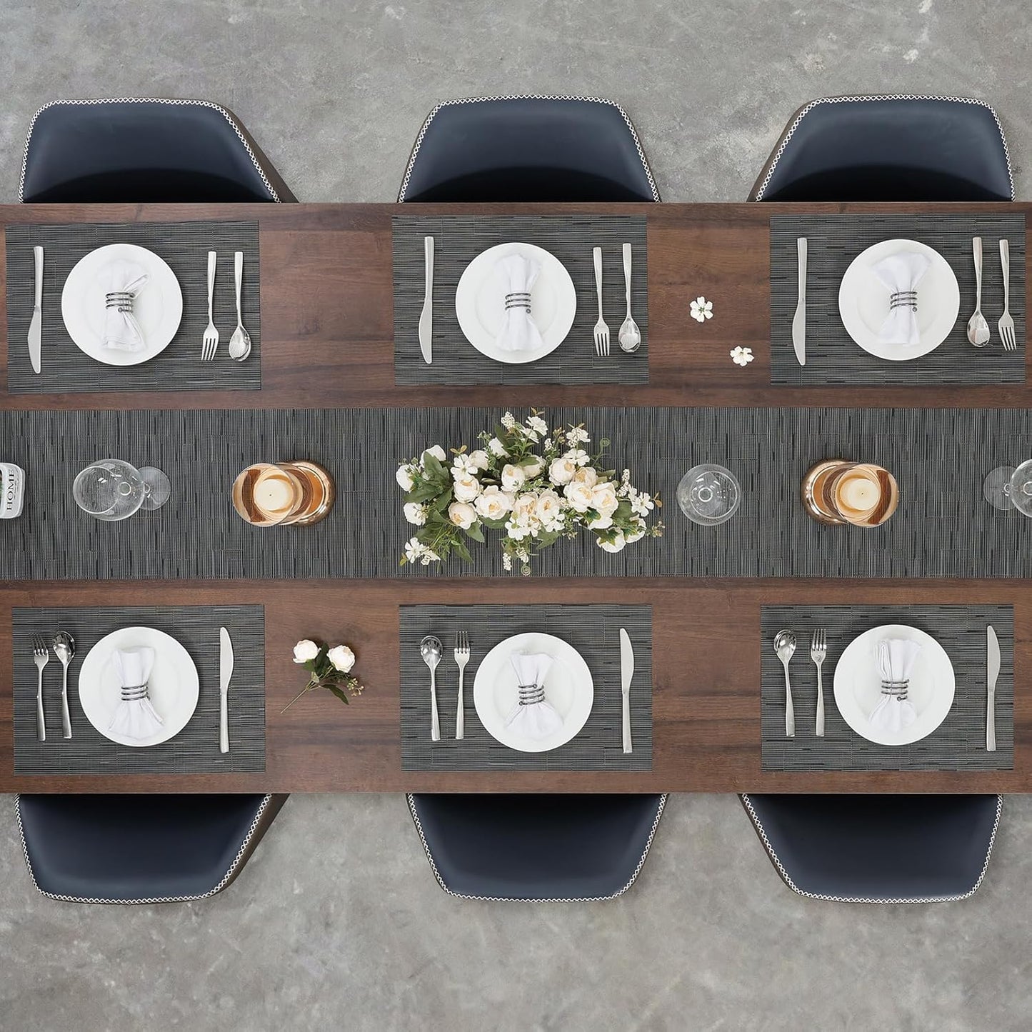 Myir JUN Placemats Set of 4, Vinyl Woven Placemats Place Mats Indoor Set of 4 Washable Table Mats Non-Slip Place mats for Dining Table (Black-Gray, Set of 4)