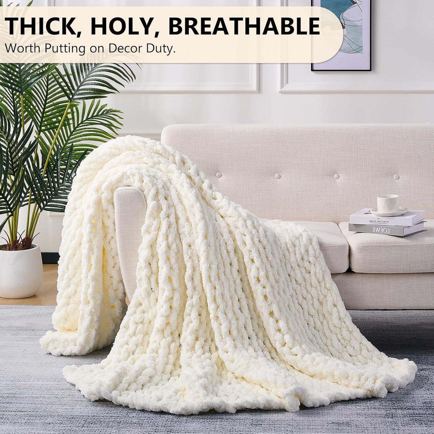 L'AGRATY Chunky Knit Blanket Throw: 80''x90'' Chenille Chunky Knitted Throw Blanket for Bed Couch - Handmade Thick Big Cable Knit Blanket - Large Chunky Crochet Blanket for Home Decor(Cream White)