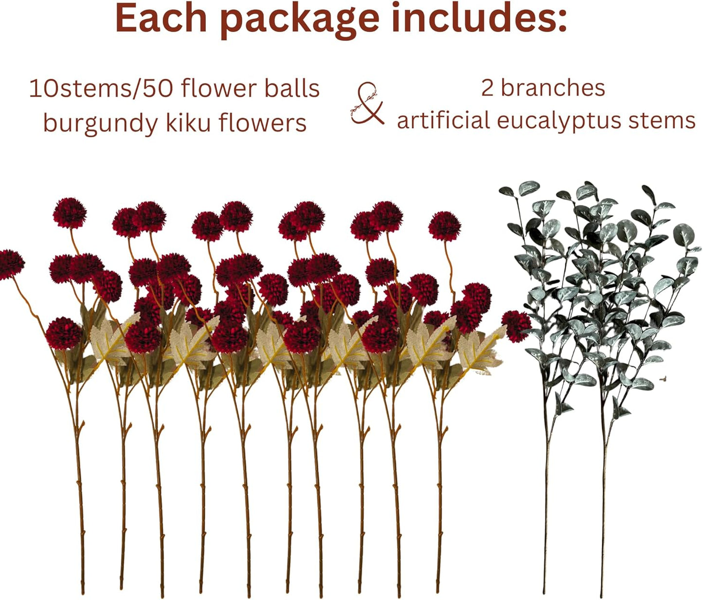 Burgundy Flowers, Maroon Artificial 10 Long Stems + Eucalyptus, Wine Colored Silk Flowers for Burgundy Decor, Fall Table Centerpieces, Dark Red Faux Mums, Thanksgiving Centerpieces For Tables