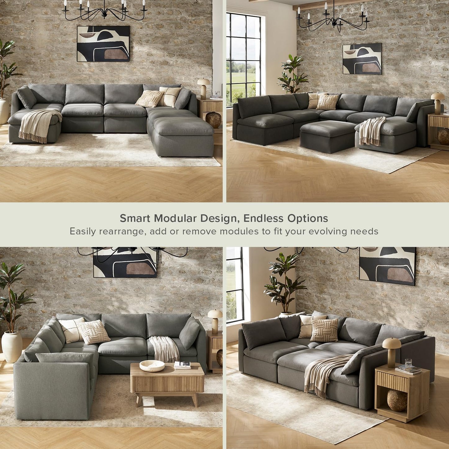 mopio Oversized Modular Sectional Sofa with Fully Removable Covers and Storage, Convertible U, L-Shaped and Sleeper Sectional, Modern Couches with Ottoman Chaise (Stone Gray Fabric, 7 Seats, U)
