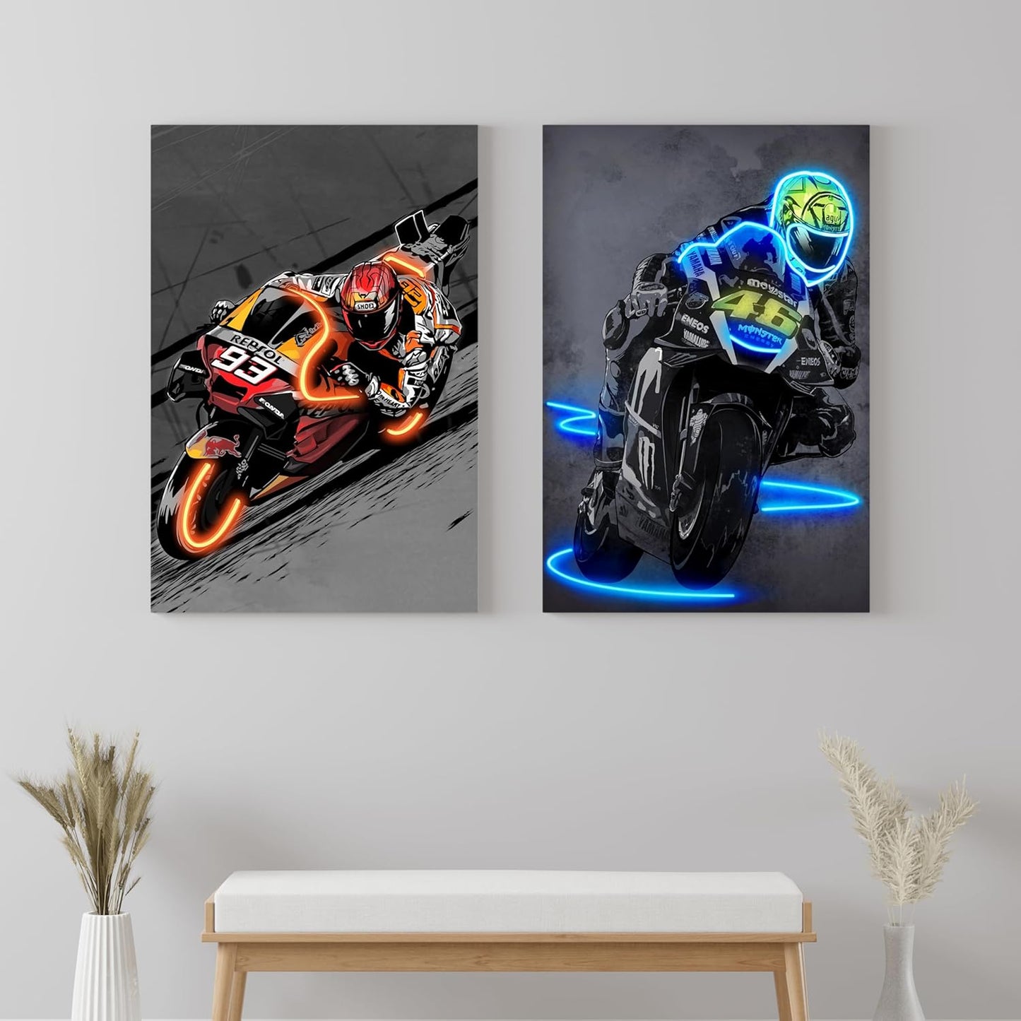 Sorventina Painted Neon Style Orange #93 RC213V Racing Bikes Wall Art - 16x24 Wrapped Canvas, Non-LED, Ideal Decor for Bedroom, Living Room, Office, Game Room, Garage, or Man Cave