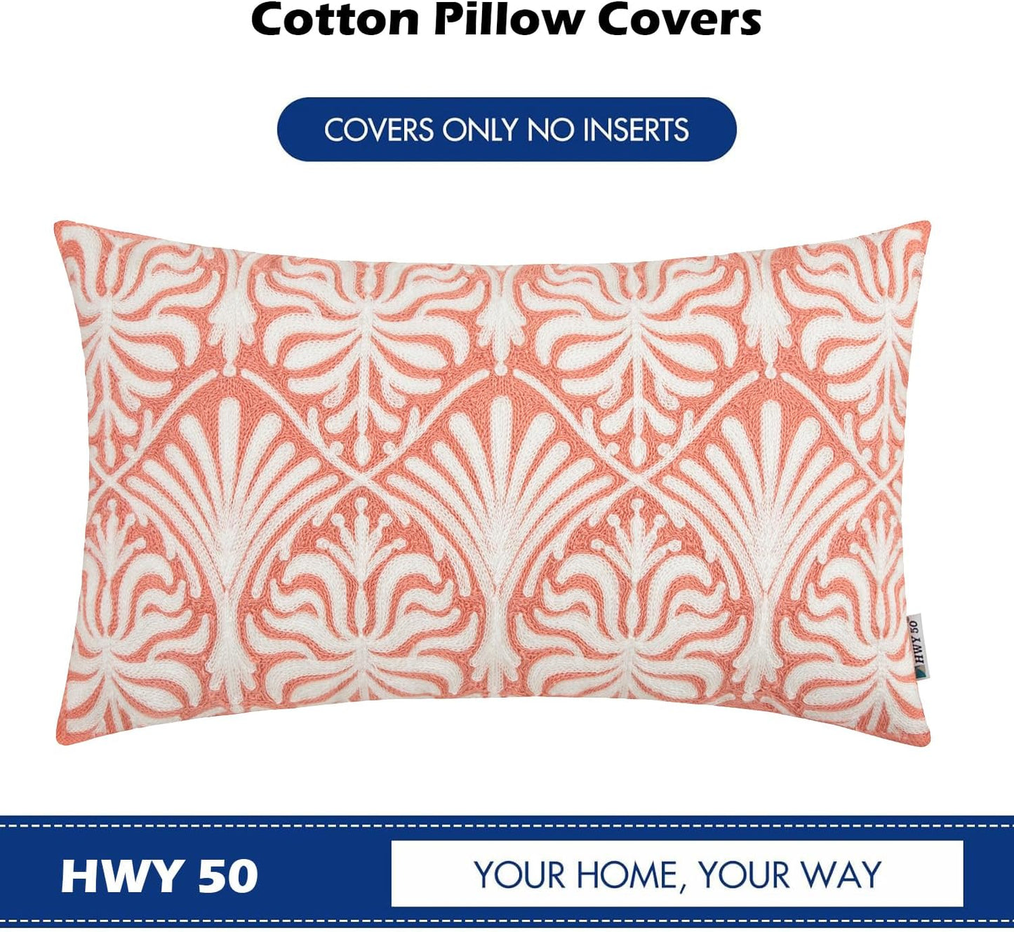 HWY 50 Pink Decorative Lumbar Pillow Cover Rectangle 12x20 Inch (1 Piece), Embroidered Cotton Farmhouse Cushion Cover Pillow Case for Sofa Couch Living Room Bed, Minimalist Floral